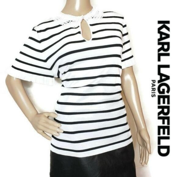 Karl Lagerfeld Paris Women's Striped Knit Top With Crochet Collar & Keyhole L - Picture 1 of 8